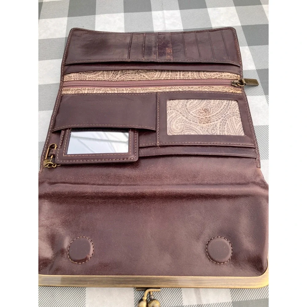 Hobo Lauren Clutch Wallet Womens Brown Leather Double Frame Kiss Lock Mirror